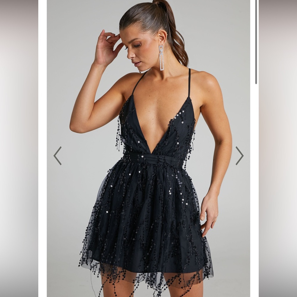 WATCH THE QUEEN CONQUER MINI DRESS - TULLE PLUNGE DRESS IN BLACK SEQUIN